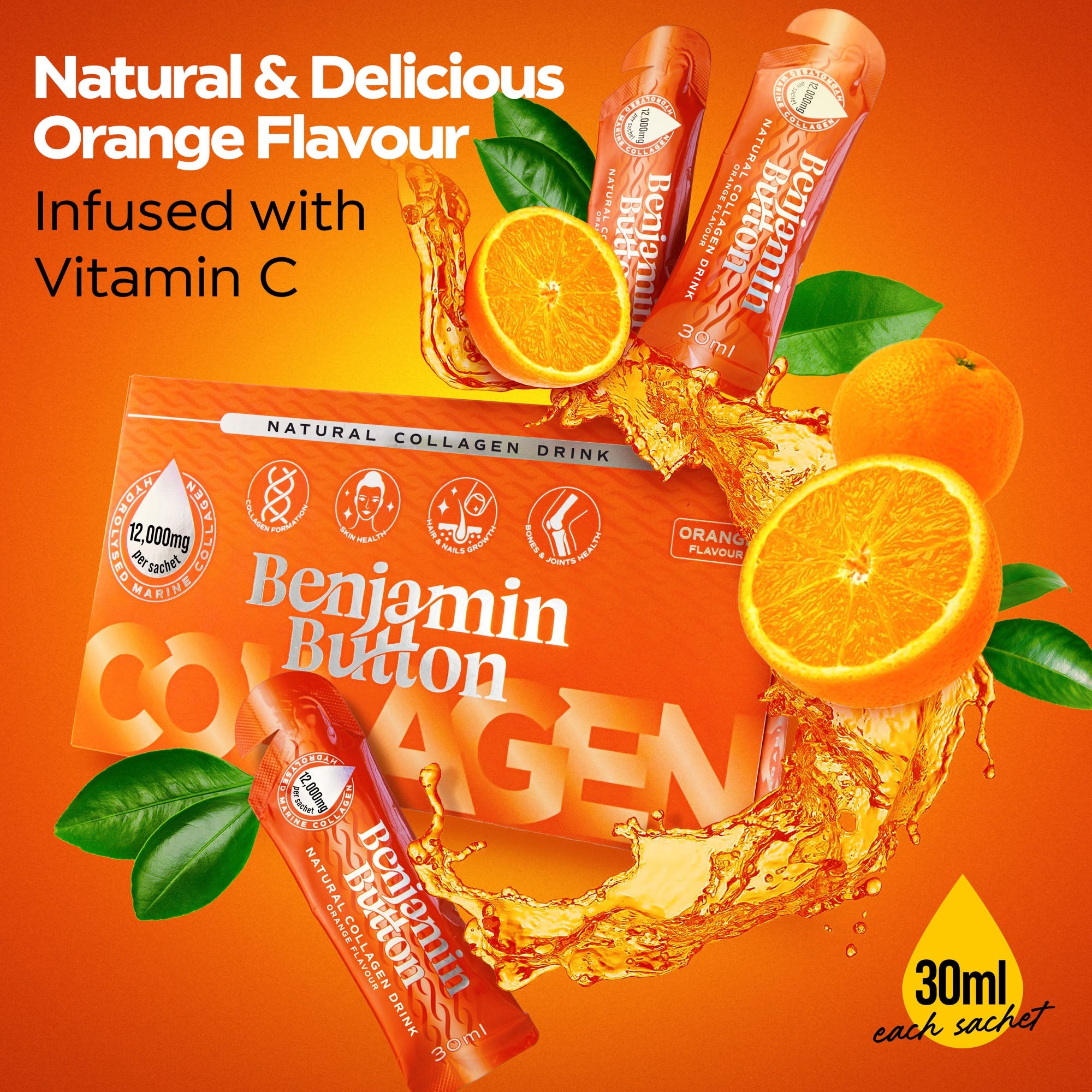 Benjamin Button 12,000mg Marine Collagen Drink - Orange Liquid Sachets