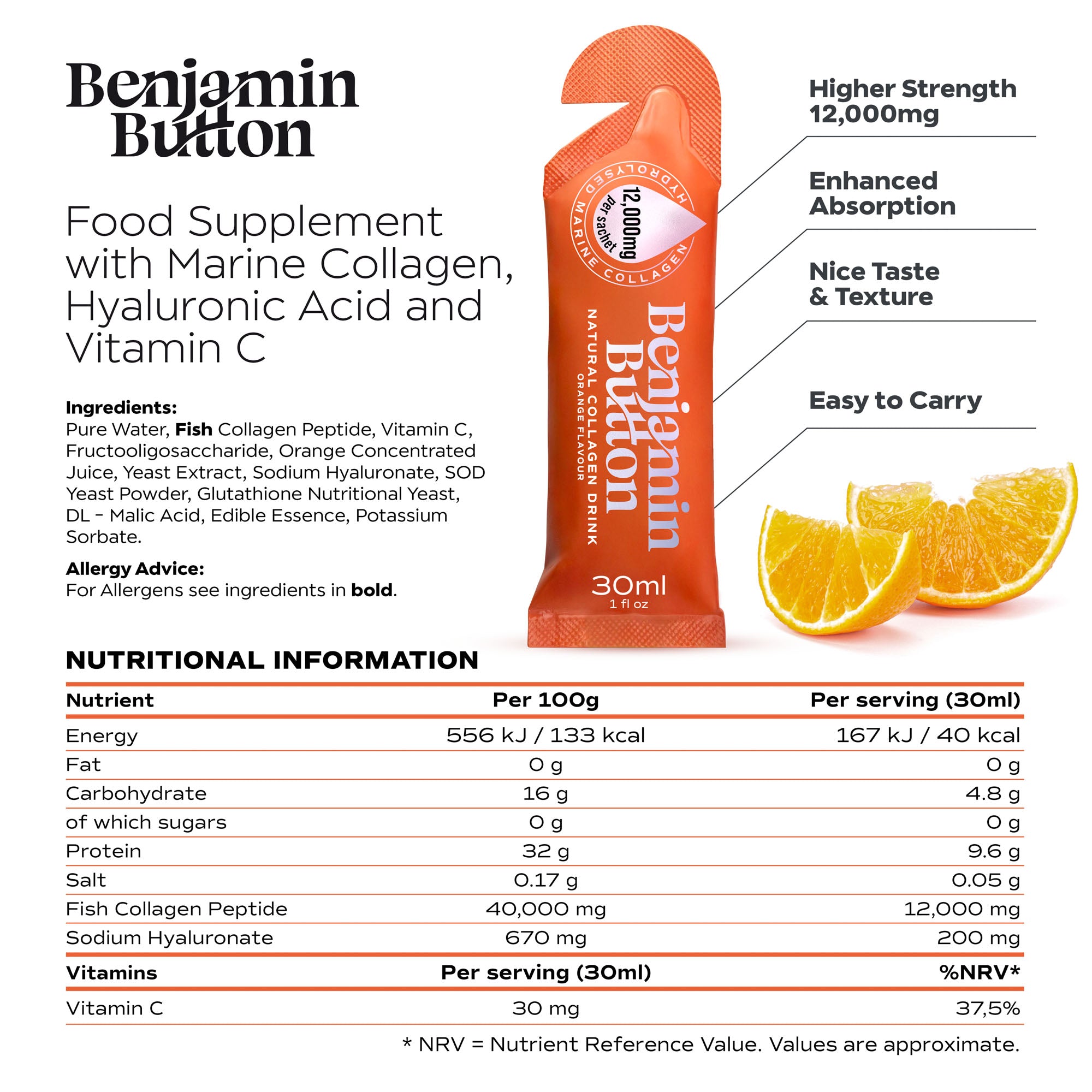Benjamin Button 12,000mg Marine Collagen Drink - Orange Liquid Sachets