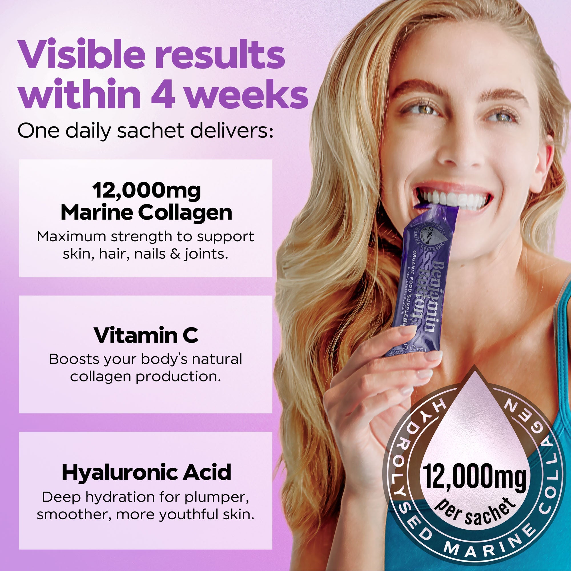 Benjamin Button 12,000mg Marine Collagen Drink - Blackcurrant Liquid Sachets