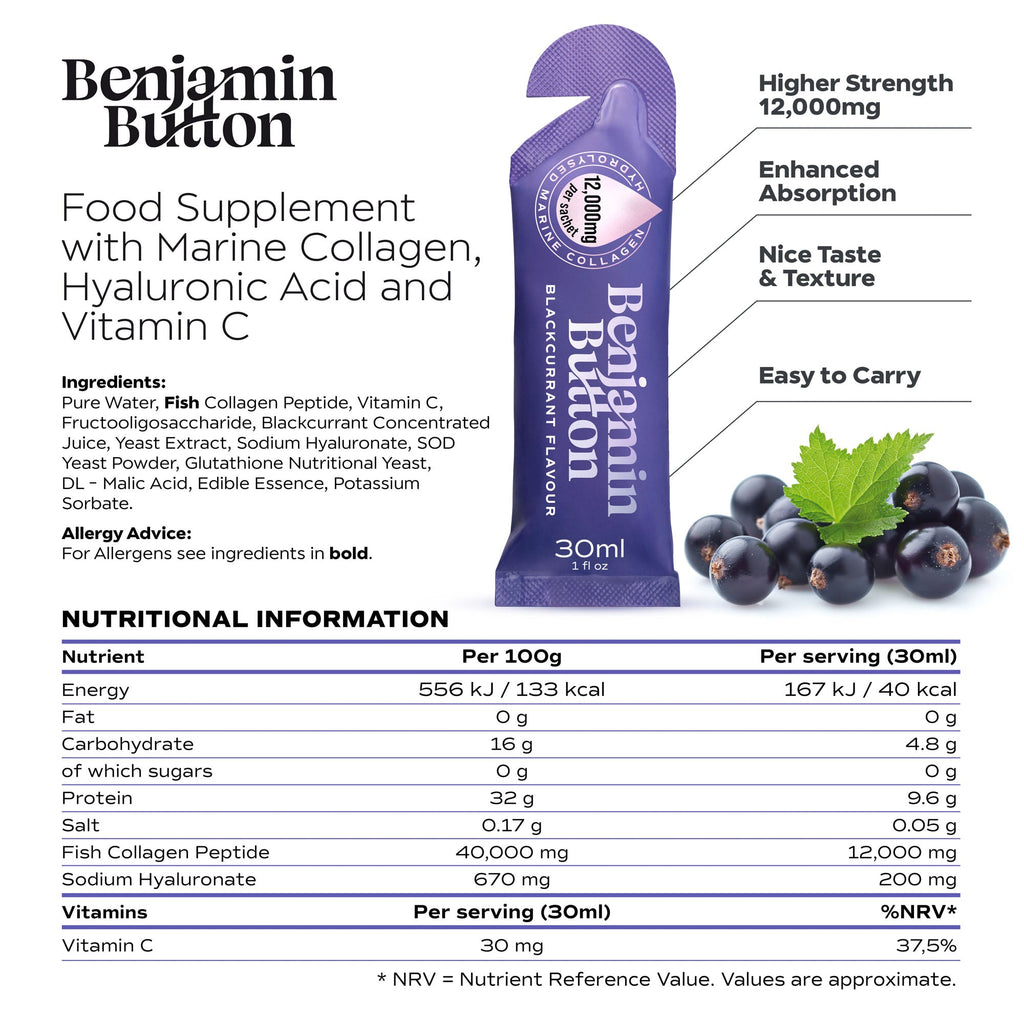 Benjamin Button 12,000mg Marine Collagen Drink - Blackcurrant Liquid Sachets
