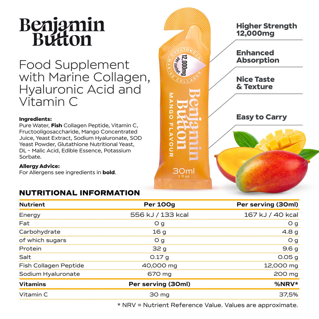 Benjamin Button 12,000mg Marine Collagen Drink - Mango Liquid Sachets