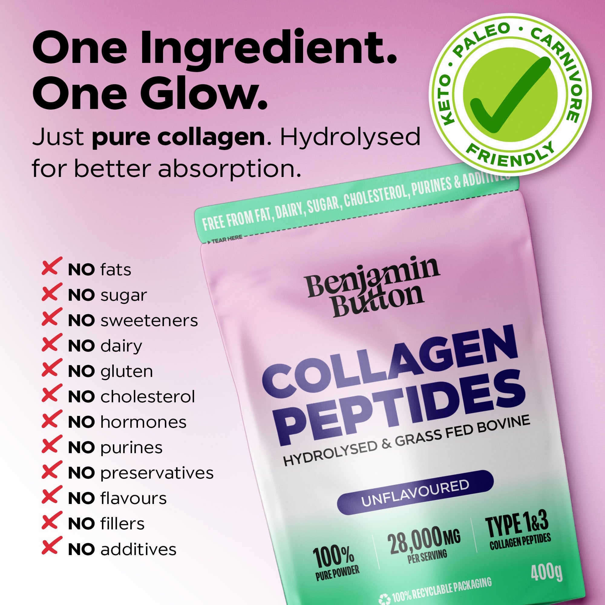 Benjamin Button Bovine Collagen Peptides Powder – 400g – Unflavoured