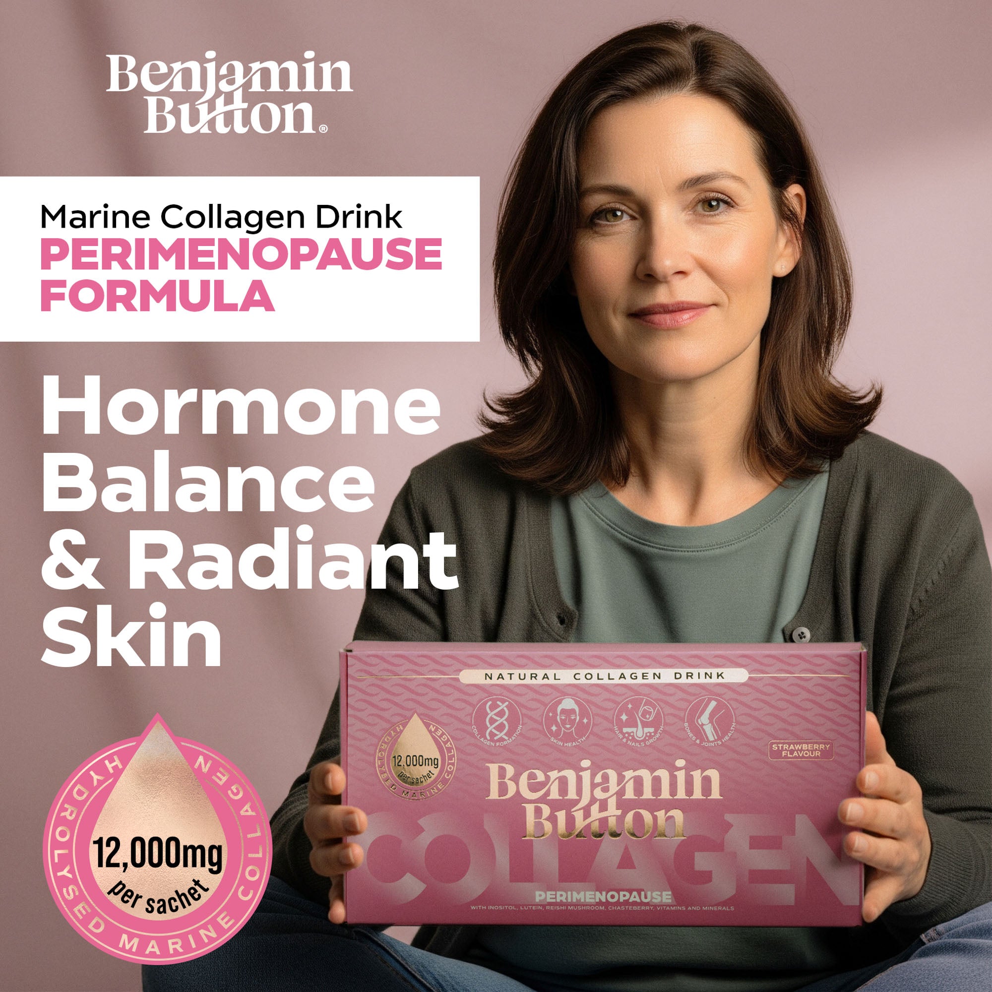 Benjamin Button 12,000mg Marine Collagen Drink - Strawberry Liquid Sachets - 14 Sachets - Perimenopause Support