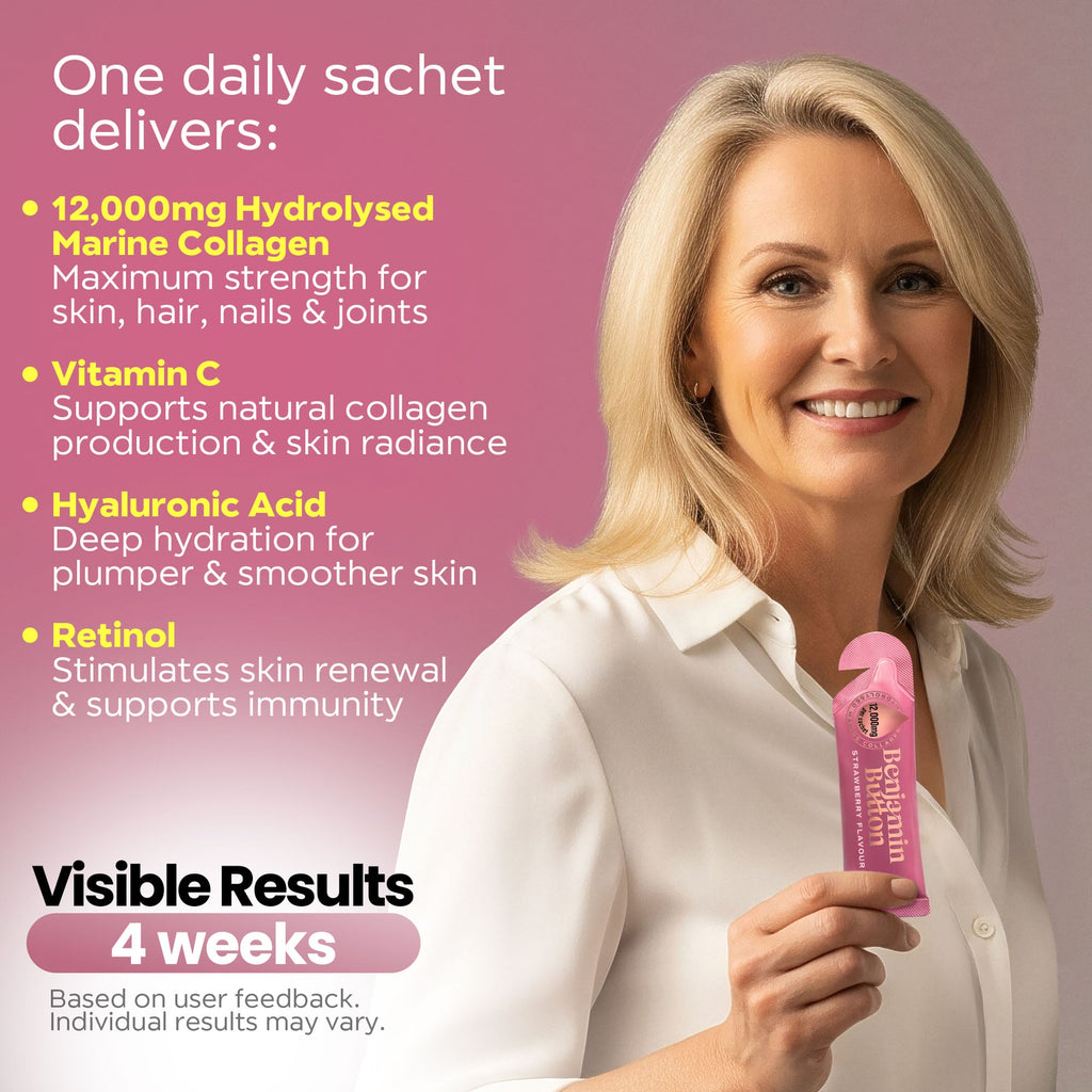 Benjamin Button 12,000mg Marine Collagen Drink - Strawberry Liquid Sachets - 14 Sachets - Perimenopause Support