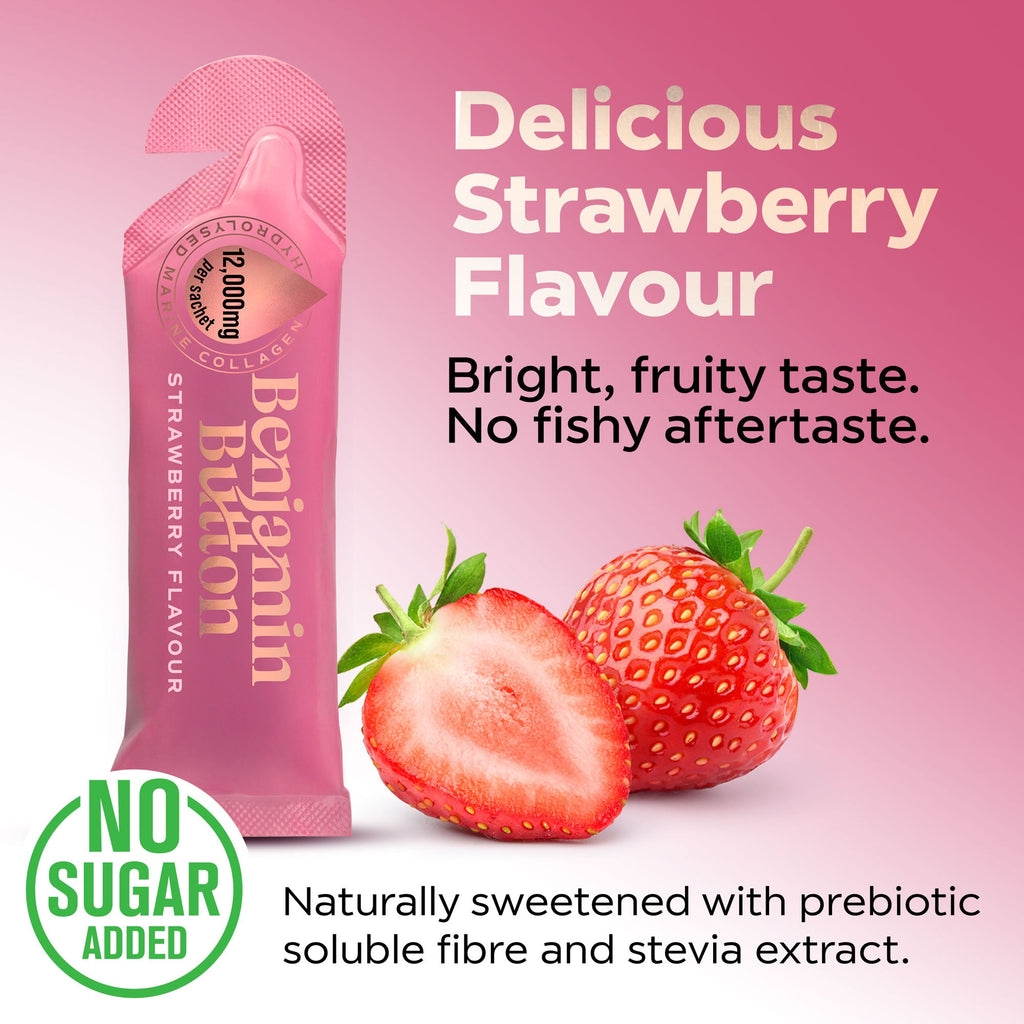 Benjamin Button 12,000mg Marine Collagen Drink - Strawberry Liquid Sachets - 14 Sachets - Perimenopause Support
