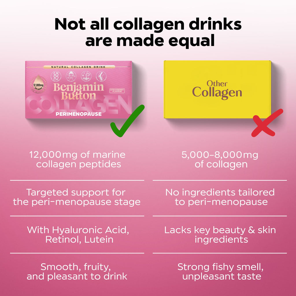 Benjamin Button 12,000mg Marine Collagen Drink - Strawberry Liquid Sachets - 14 Sachets - Perimenopause Support