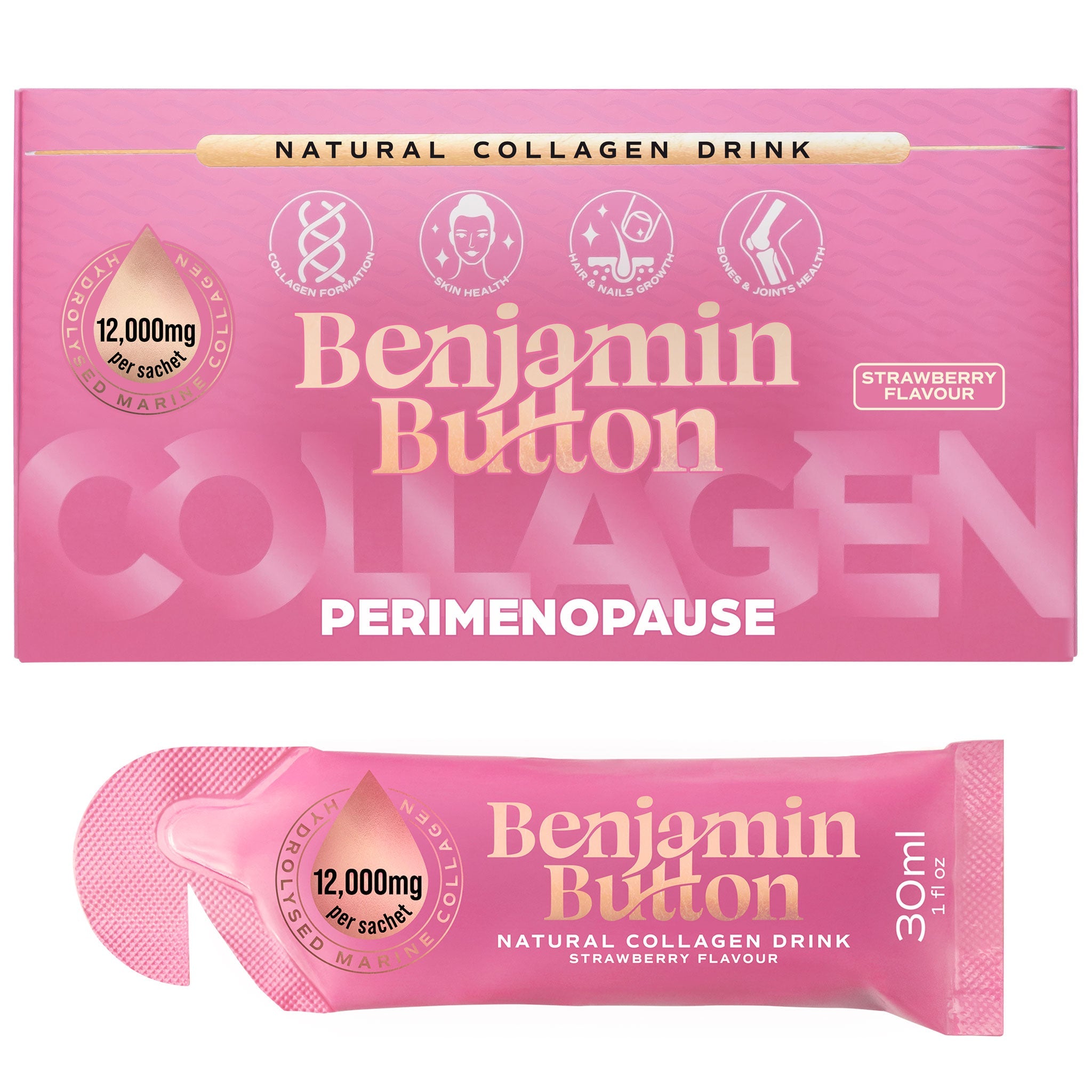 Benjamin Button 12,000mg Marine Collagen Drink - Strawberry Liquid Sachets - 14 Sachets - Perimenopause Support
