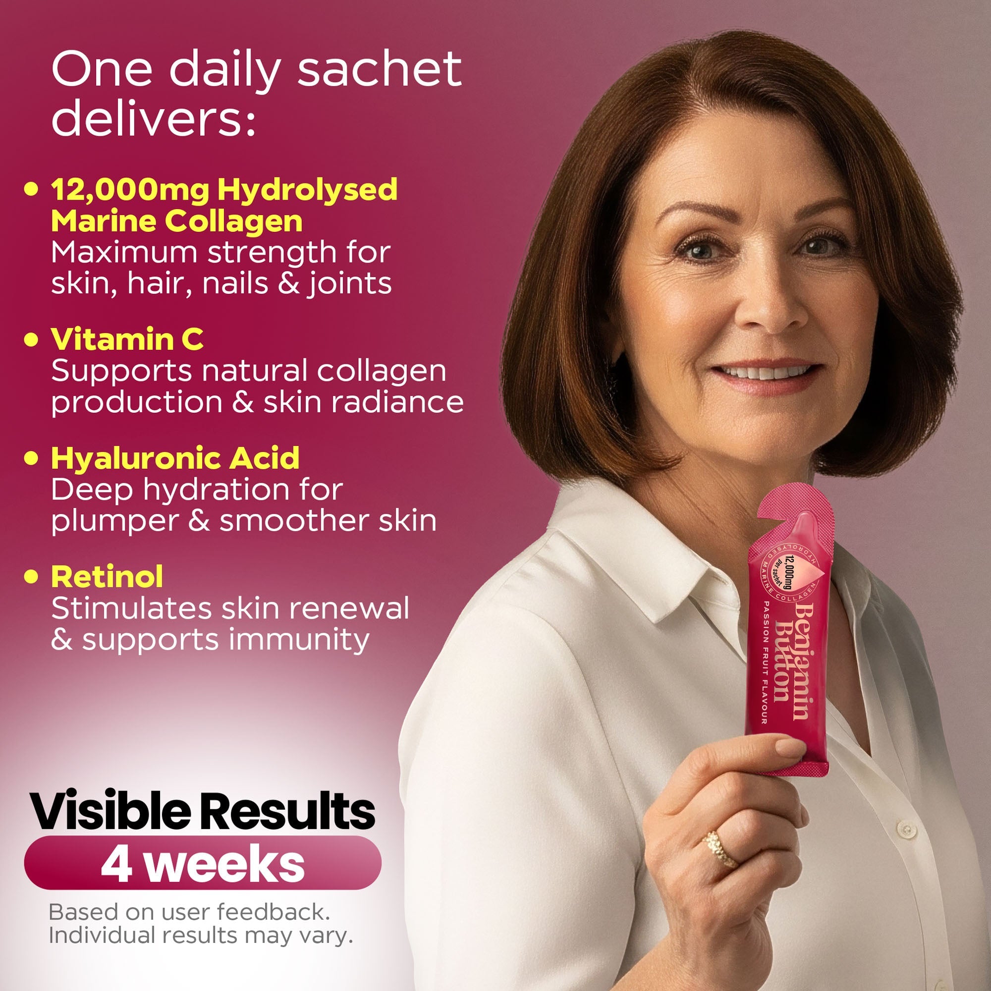 Benjamin Button 12,000mg Marine Collagen Drink - Passionfruit Liquid Sachets - 14 Sachets - Menopause Support