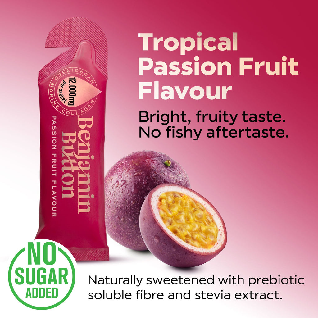 Benjamin Button 12,000mg Marine Collagen Drink - Passionfruit Liquid Sachets - 14 Sachets - Menopause Support