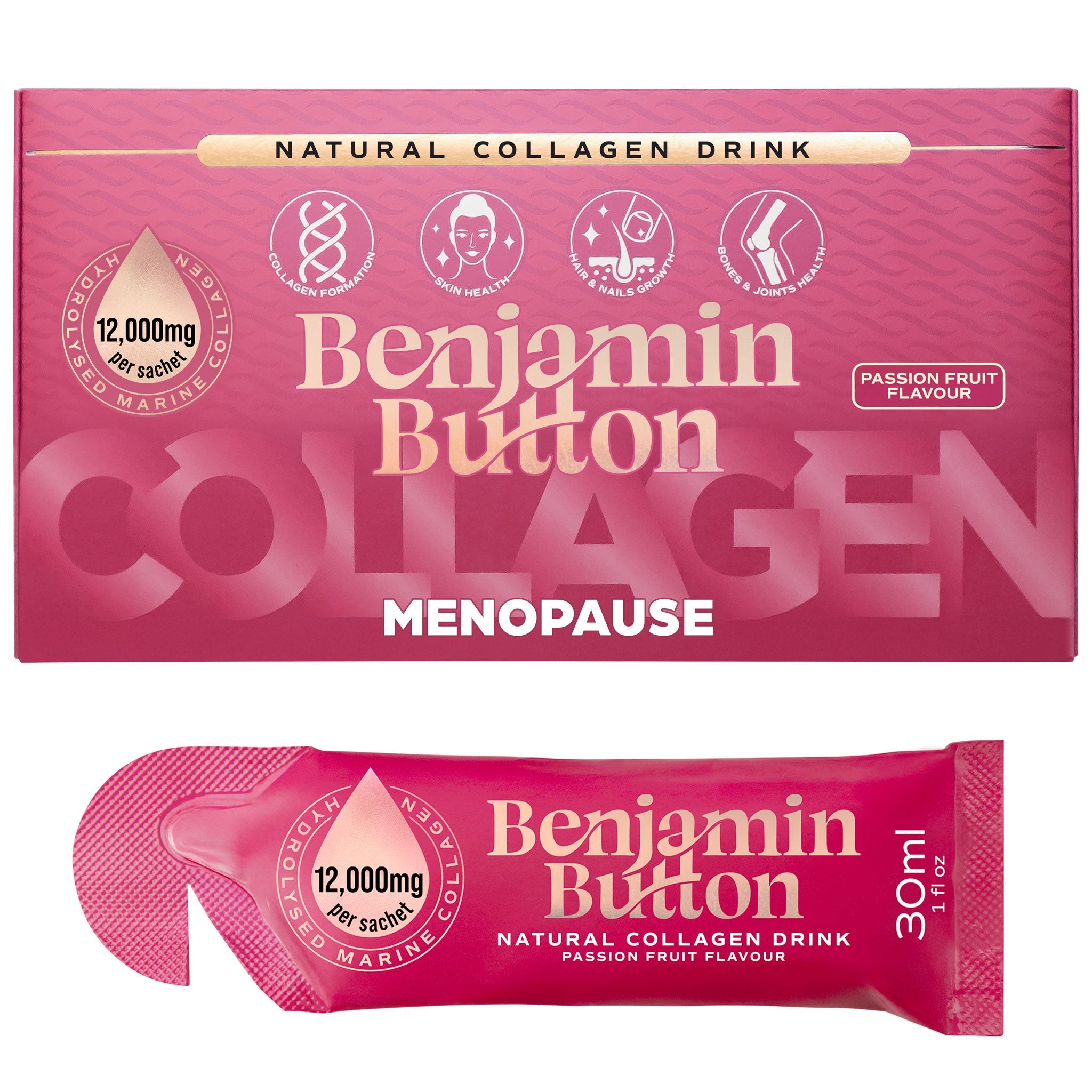 Benjamin Button 12,000mg Marine Collagen Drink - Passionfruit Liquid Sachets - 14 Sachets - Menopause Support