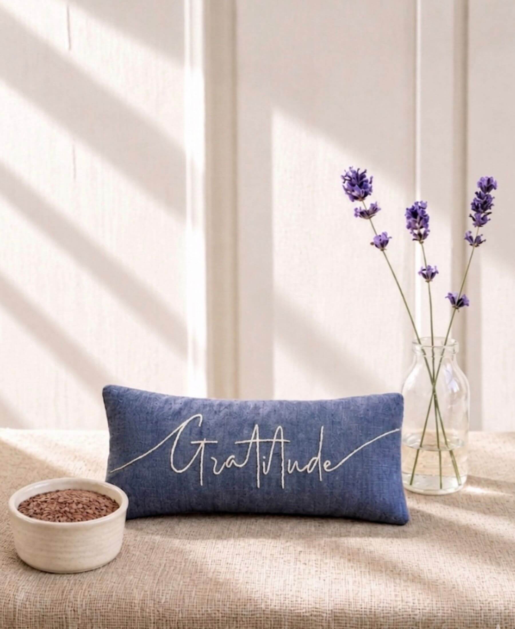 Gratitude Embroidered Linen and Lavender Eye Pillow