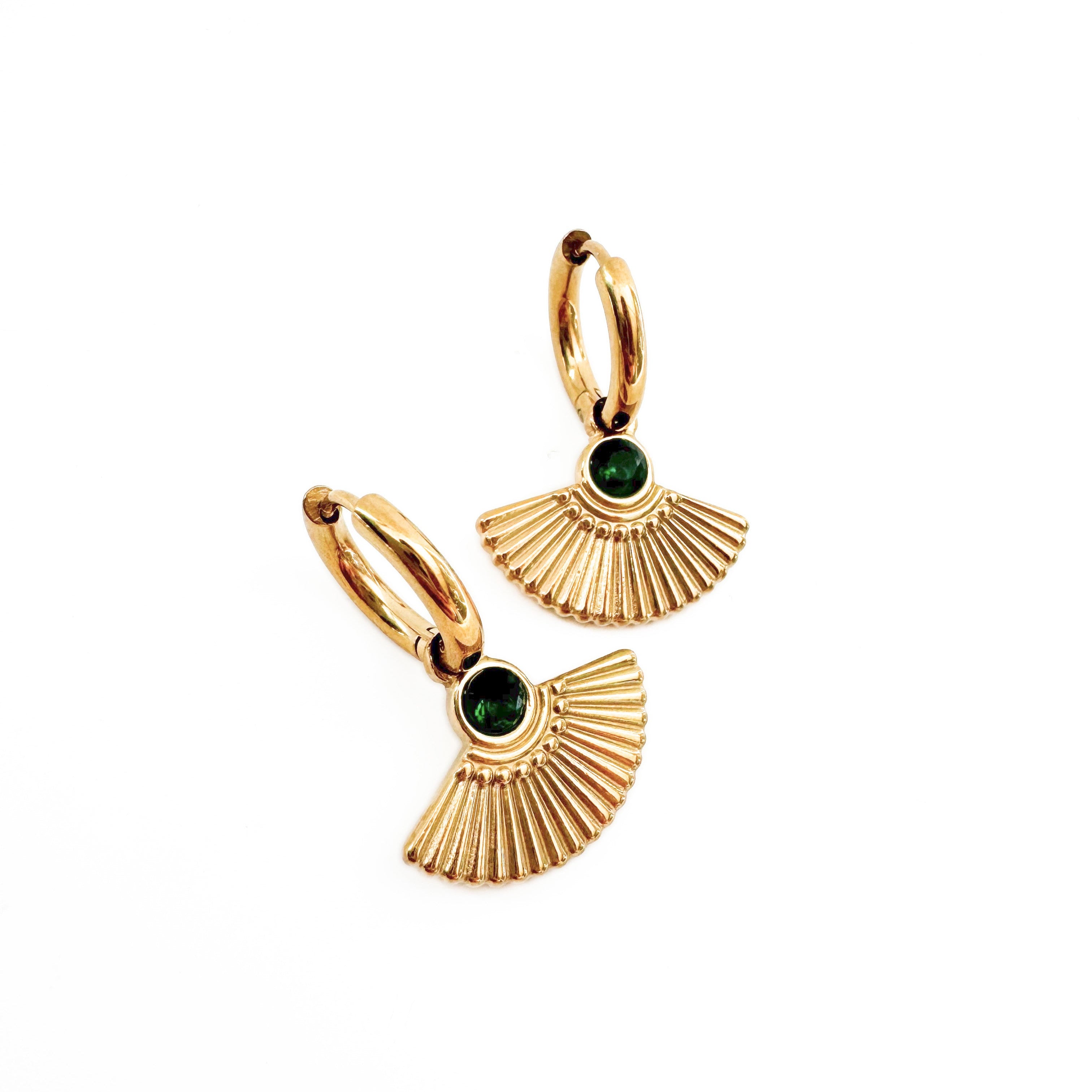 Hanaa Luxe 18k Gold Plated Green Jewel Fan Huggie Hoops